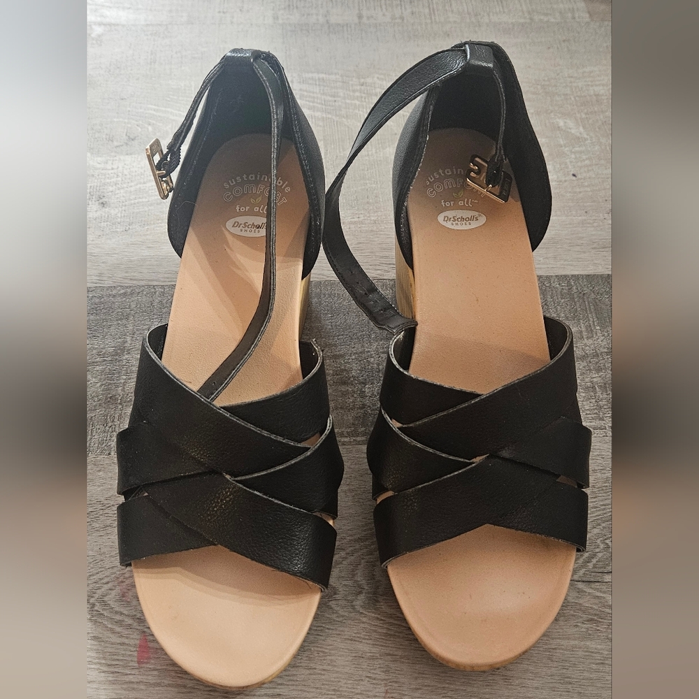 Dr Scholls Women's Platform Wedge Sandals Strappy Black Size 8.5 Ankle Clasp